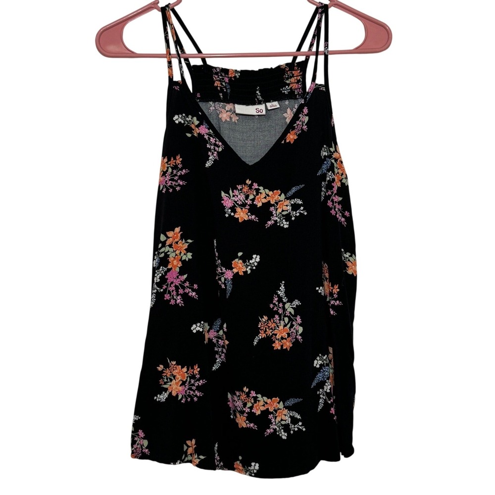 SO Womens Black Floral V-Neck Cami Tank Top Double Strap Smocked Back Large